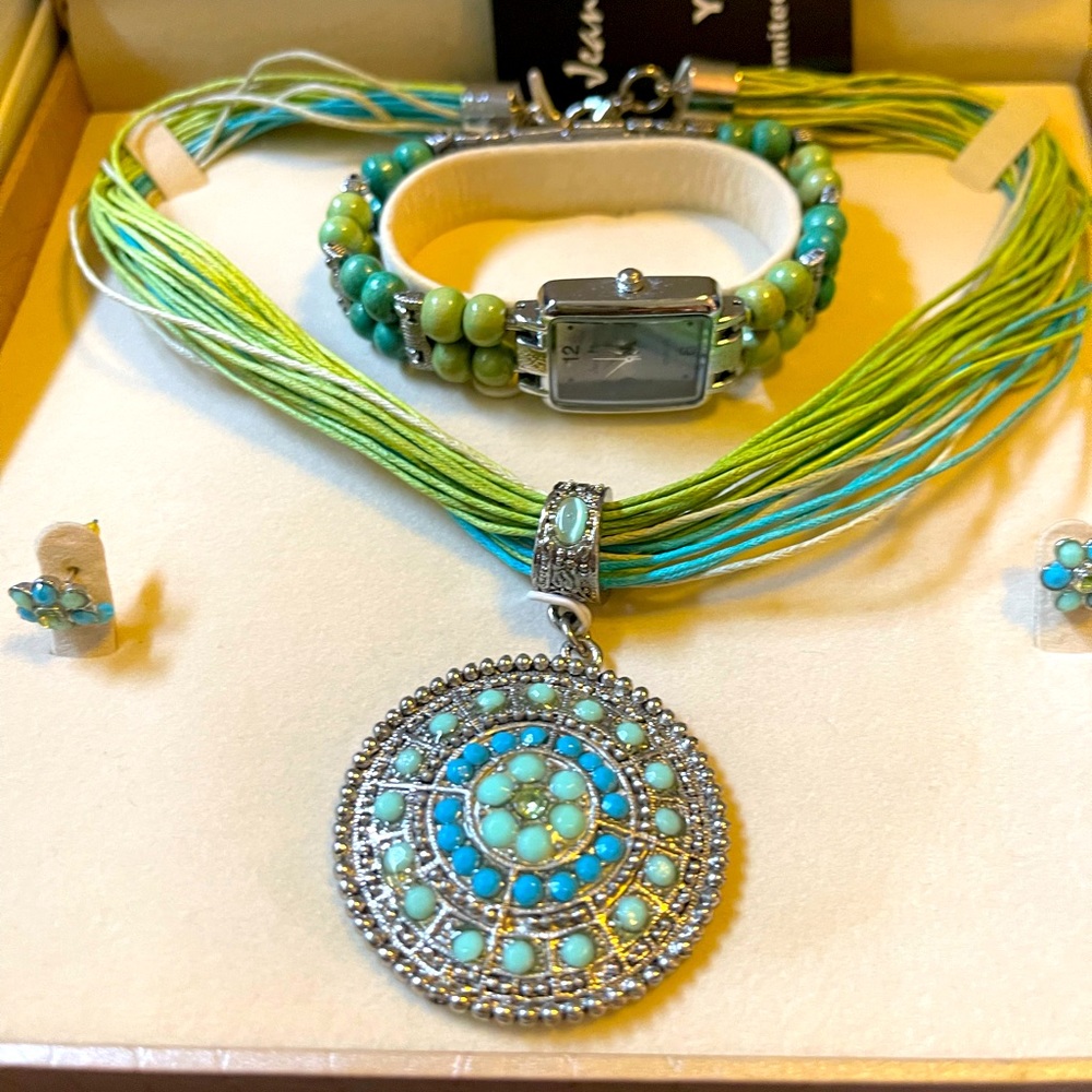 Jean Marc Necklace , Earrings Watch Set Turquoise & Green Vintage New